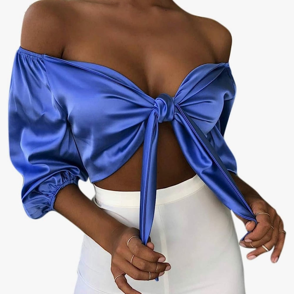 ZGMYC Blue Satin Silk Off The Shoulder Crop Top